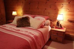 ein Schlafzimmer mit einem Bett mit Kissen und zwei Lampen in der Unterkunft Chez Michel in Sainte-Foy-Tarentaise