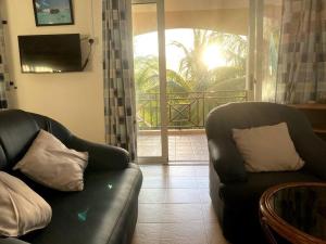 a living room with a couch and a television at Villa Palmistes Apartment in La Gaulette