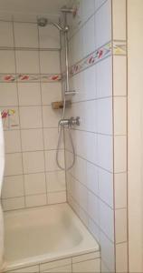 eine Dusche in einem weiß gefliesten Bad in der Unterkunft petit studio pour une personne à Lobsann in Lobsann