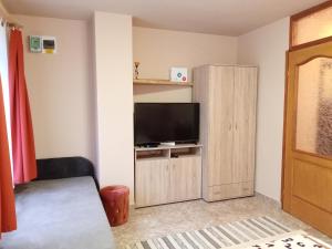 een woonkamer met een flatscreen-tv en een kast bij Éva vendégház Guesthouse in Hajdúszoboszló
