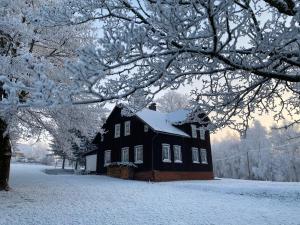 布布拉瓦Chata Karel的一座黑色房子,屋顶有雪盖