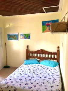 a bedroom with a bed with blue pillows at Suíte externa com entrada independente in São Sebastião