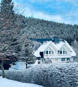 a house covered in snow on a hill at Landhaus Mühlenberg in Willingen