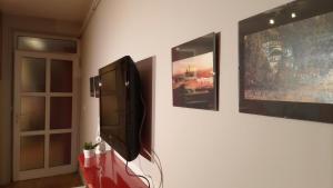 Elle comprend une télévision à écran plat accrochée au mur avec des peintures. dans l'établissement Savinac apartman u srcu Beograda, Trg Slavija, à Belgrade