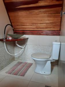 a bathroom with a toilet and a wooden ceiling at Casa/chalé Furnas - Capitólio MG in São José da Barra