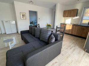 ein Wohnzimmer mit Couch und Küche in der Unterkunft Ferienwohnung Am Südhang in Göhren + 16 Fotos