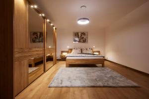 Apartmány na Krásné Vyhlídce في ليبيريتس: غرفة نوم بسرير ومرآة كبيرة