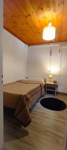 een slaapkamer met een bed en een plafond met een licht bij Casa Nemesis in Brusson
