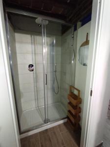 a shower with a glass door in a bathroom at Dentro il Borgo in Perugia