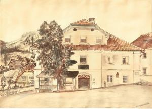 a drawing of a large white house with a tree at Gasthof Hirschenwirt in Schöder