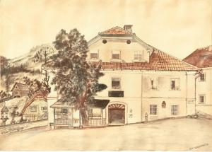 un disegno di una grande casa bianca con un albero di Gasthof Hirschenwirt a Schöder