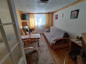 a living room with a couch and a table at Domek Gajowego in Ropienka