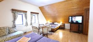 a room with a bed and a tv and a table at Hotel Perla Jizery in Josefuv dul
