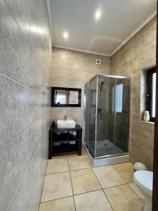 a bathroom with a shower and a sink at Cottages Shepit Lisu in Rosokhach