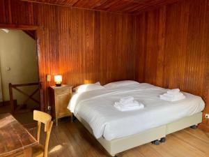 - une chambre avec un lit et un mur en bois dans l'établissement Chalet Motta, à Valtournenche