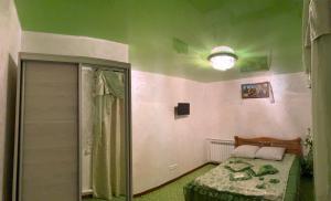 a small bedroom with a bed and a shower at Plavianska Sadyba in Plavie