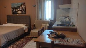 een slaapkamer met een bed, een wastafel en een tafel bij Zisis Garden Studios in Ioannina