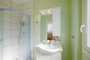 W łazience znajduje się umywalka i prysznic. w obiekcie ECO-LUX APART with free bicycles end free parking w Lublanie