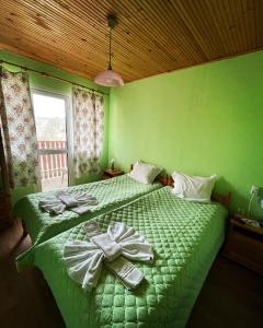 a green bedroom with a bed with bows on it at Villa Diva in Apriltsi +24 photos