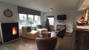 a living room with a christmas tree and a fireplace at Gite Evasion in Aywaille