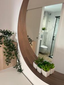 a bathroom with a large mirror and some plants at Monaco Cosy Studio in Roquebrune-Cap-Martin