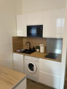 a kitchen with a washing machine and a microwave at Monaco Cosy Studio in Roquebrune-Cap-Martin
