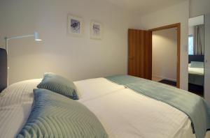 a bedroom with a large white bed with blue pillows at Apartament Źródlana Ski 300M in Świeradów-Zdrój