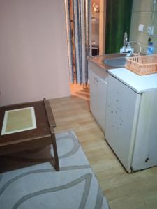 a kitchen with a sink and a table and a counter at Holiday Home Vila Milka in Kremna