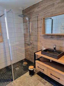 a bathroom with a sink and a shower at Chalet de charme avec terrasse, jardin et sauna extérieur in Chapelle-des-Bois