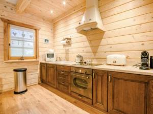 DębinaにあるKlimatyczny domek z drewna nad morzemの木製の壁と木製キャビネット、コンロ付きのキッチンが備わります。