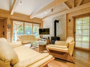 a living room with a couch and a fireplace at Klimatyczny domek z drewna nad morzem in Dębina