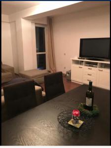 Μια τηλεόραση ή/και κέντρο ψυχαγωγίας στο Spacious and comfy ski-in apartment w/balconies