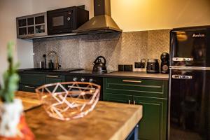 a kitchen with green cabinets and a black refrigerator at Willa Leluja in Zakopane