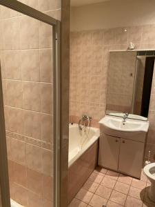 a bathroom with a tub and a sink and a shower at Penzion Dubík in Dubí