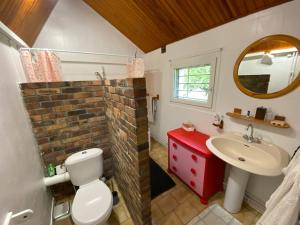 a bathroom with a white toilet and a sink at Belle Longère normande, cheminée et jardin arboré in Canville-les-Deux-Églises +45 photos
