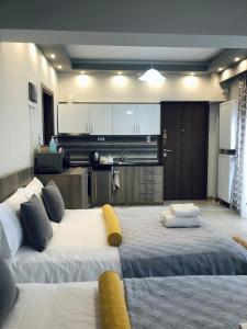 Xenia_Apartments A7 في كوزاني: غرفة كبيرة بسريرين ومطبخ