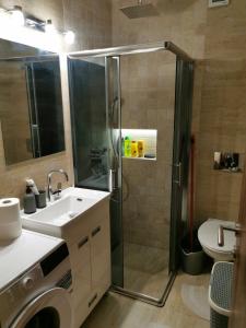 a bathroom with a shower and a sink and a washing machine at Apartman Hill in Mirijevo