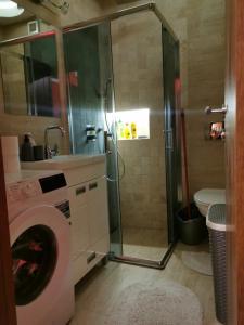 a bathroom with a shower and a washing machine at Apartman Hill in Mirijevo