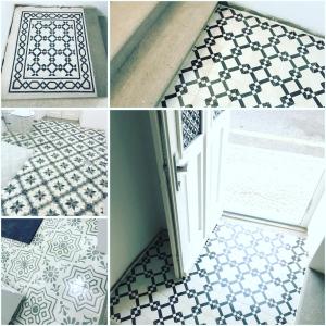 a collage of four pictures of a tile floor at Casa Cubista in Olhão