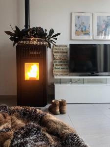 a living room with a television and a fire in a fireplace at Casa Rural Viña Vella in Esteiro