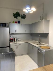 una cocina con armarios blancos y electrodomésticos de acero inoxidable en Allomas Apartman en Budapest