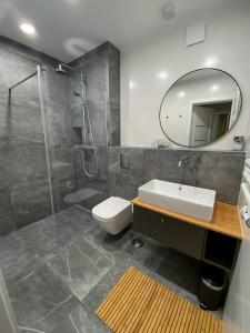 a bathroom with a toilet and a sink and a mirror at Urokliwy apartament HAVEN nad morzem+free parking in Kołobrzeg