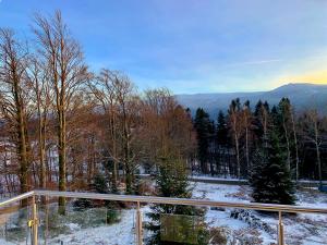 balkon ze śniegiem na ziemi i drzewami w obiekcie Apartamenty ROYAL APARTS VIP Widok 800 - z panoramą gór w Szklarskiej Porębie