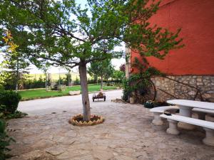 a tree in a stone courtyard next to a building at Casa rural Las Masadas in Cella