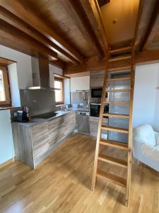 a kitchen with a bunk bed and a ladder in a room at Dúplex amb altell de luxe + parking (Taüll) in Taüll