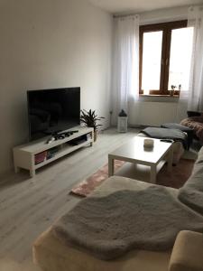 - un salon avec une télévision, un canapé et une table dans l'établissement Apartament Lux-centrum, à Gliwice