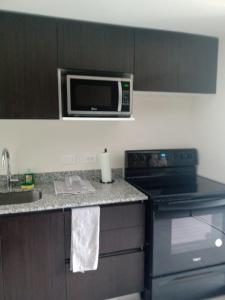 a kitchen with a stove and a microwave at Lovely Apartment near Costa Rica airport in Heredia