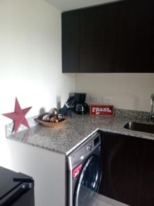 a kitchen with a washing machine on a counter at Lovely Apartment near Costa Rica airport in Heredia