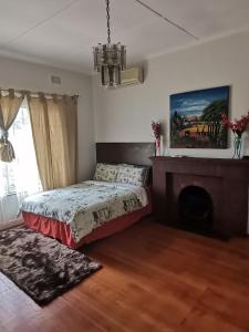 1 dormitorio con 1 cama y chimenea en QTEN CASINO, en Pietermaritzburg