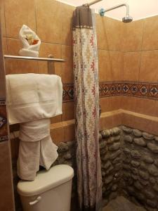 a bathroom with a shower and a toilet and towels at Casa de campo by the river in Estelí